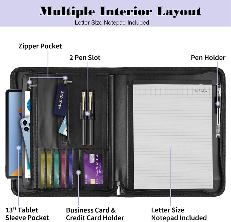 Mkobon Leather Padfolio Portfolio Binder Organizer, with 25 Pages Notepad & 13" Tablet Sleeve, Professional Conference Meeting Business Zipper Folder for Letter Size A4 Legal Writing Pad Document Men Women - Image 3